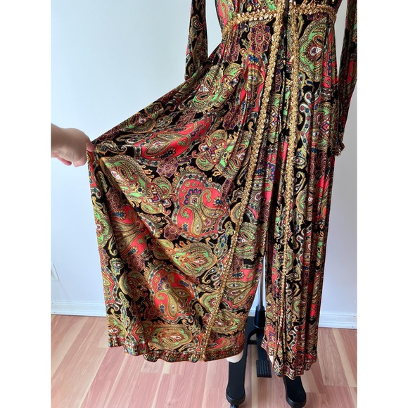 Vintage 70s Paisley Maxi Dress Pink Gold Sequin Trim Empire Waist Boho Gown - Picture 4 of 8